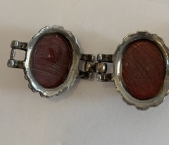 Vintage Lucite Oval Shaped Red Confetti Cabochons Silver Plated Metal Bracelet