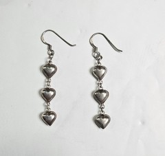 Vintage Sterling Silver Triple Puffy Heart Drop Dangle Hook Earrings 3.4g