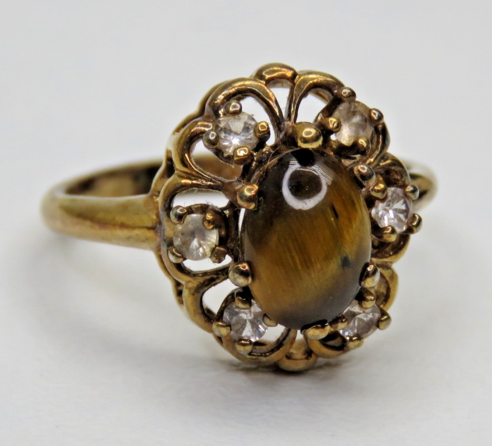 Vintage Uncas Mfg Co 14Kt HGE Electroplated Ladies Tiger Eye Size 6 Ring