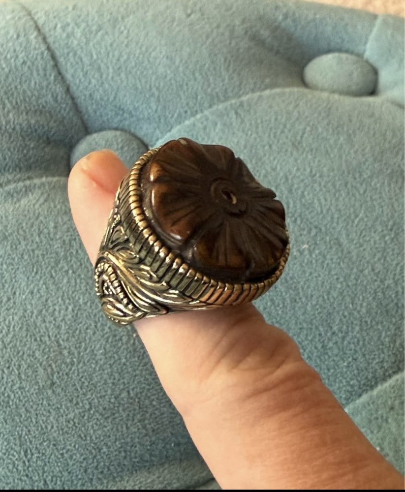 BARSE Carved Brown Stone Flower Statement Ring Size 7 Brass Thailand