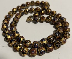 Vintage Chinese Cloisonné gold toned Bead Necklace Enamel Flower 28in