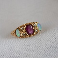 Vintage 18K Solid Gold Opal Diamond Ruby Ring, Made in England 1930, GIA Cert.