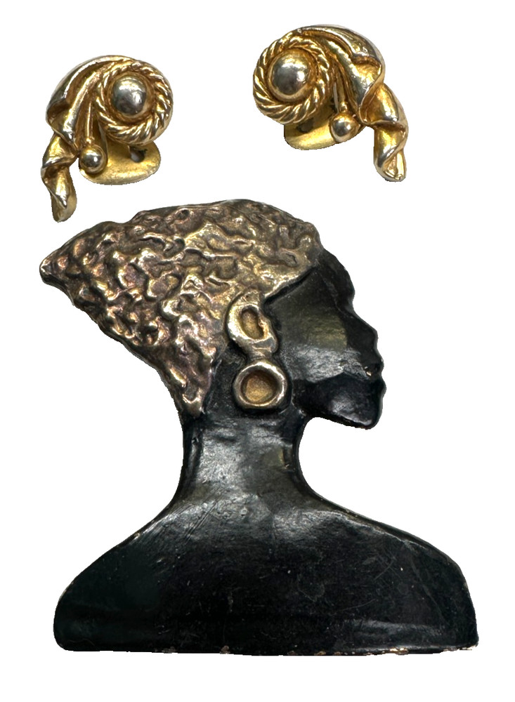 Female Head Bust Statue Brooch & Gold Tone Clip-On Earrings Ornament Craft