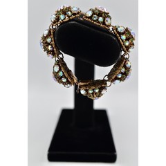 Vintage Aurora Borealis Crystal Bracelet Green AB Antiqued Gold Shiny 1950s Bin2