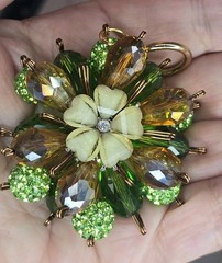 Green Crystal Floral Pendant Double Sided Statement Rhinestone Cluster Gold Tone