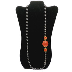 Asian Chinese Inspired Red Carved Cinnabar Black Onyx Bead Beaded Necklace 33 In