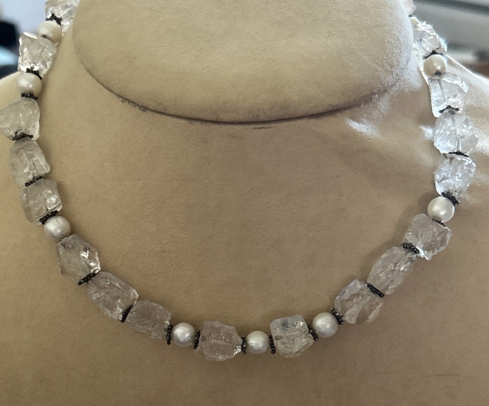 Vintage estate sterling silver raw rock crystal Pearl beaded Toggle necklace 925