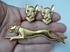 Vintage Jackie Collins PANTHER Big CAT set Brooch Clip on Earrings