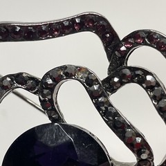 Rose Brooch Pin Violet & Dark Grey Rhinestone Purple Silver Tone Open Work Read