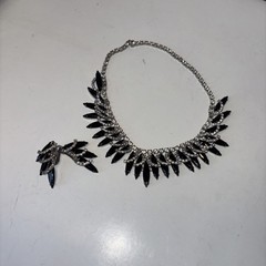Black Navette Rhinestone Necklace Clip Earrings Set Unmarked “Juliana Style”