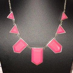 Vintage Geometric Statement Necklace Silver Tone Hot Pink Acrylic Career