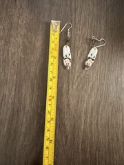 Vintage Ceramic Feather Dangling White Pierced Earrings w/ Painted Bear 2219