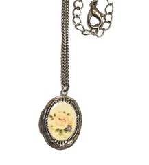 Vintage Pink Rose Resin Oval Locket Pendant Necklace Silver Tone Flower Retro