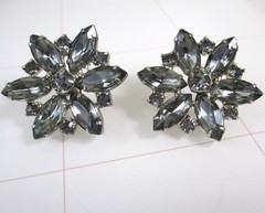 Vintage Silver Smoky Gray Navette Rhinestone Bracelet Earrings Set Kramer Style
