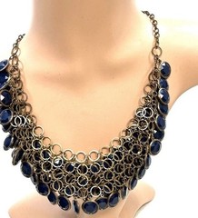 Vintage Blue Disc Gold Tone Brass Ring Layered Bib Collar Statement Necklace 19”