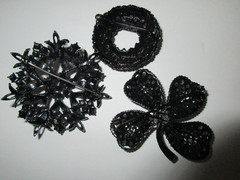 3 Vintage Mid-Century Jet Black Rhinestone Brooches Set Japanned Metal