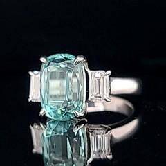 14k White Gold Engagement Ring 4.23ct.Natural Sky Blue Tourmaline Cushion Shape