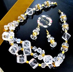 Vtg Runway Rare Modernist NAPIER “Crystal Ice” Resin 3 Strand Necklace Earrings