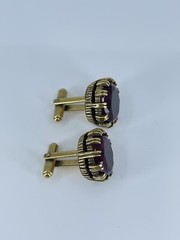 Red Glass cufflinks Faceted round prong set open gold tone 1-1/8″