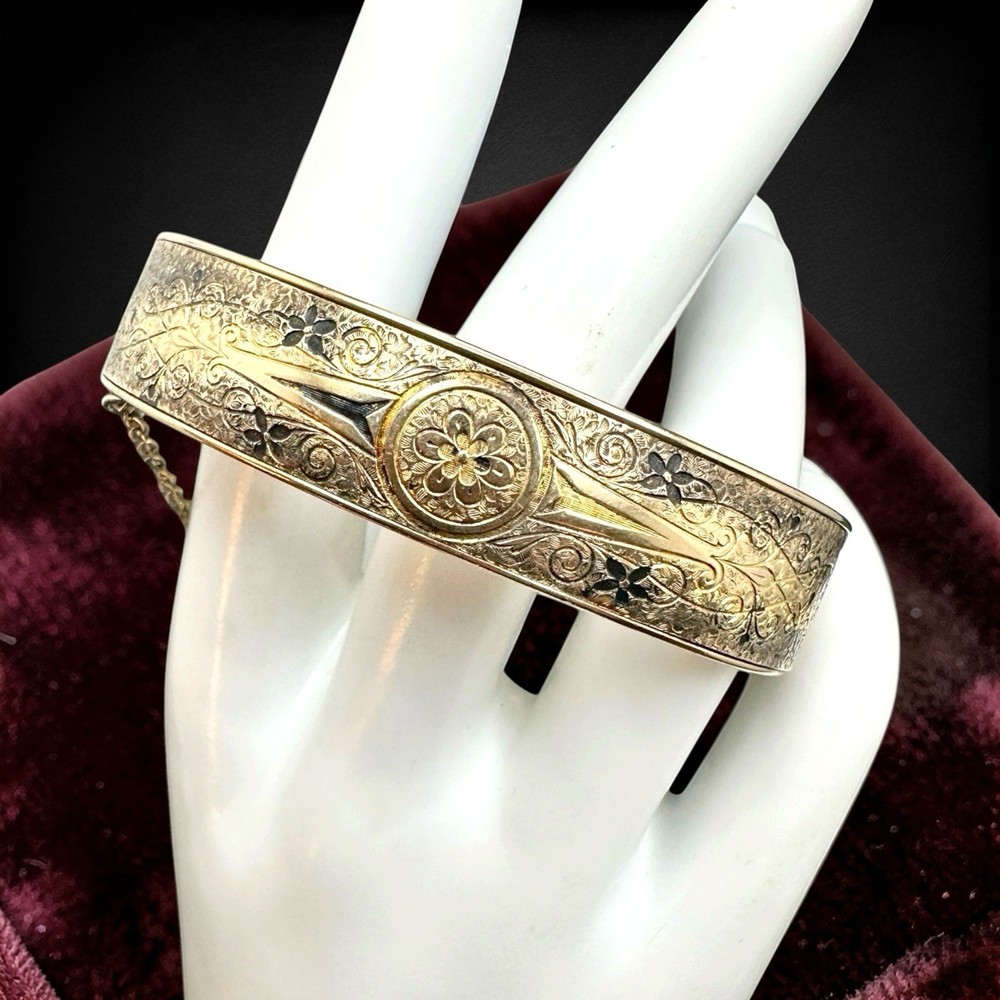 Antique Victorian Gold Filled Sterling Bangle Black Enamel Engraved Bracelet