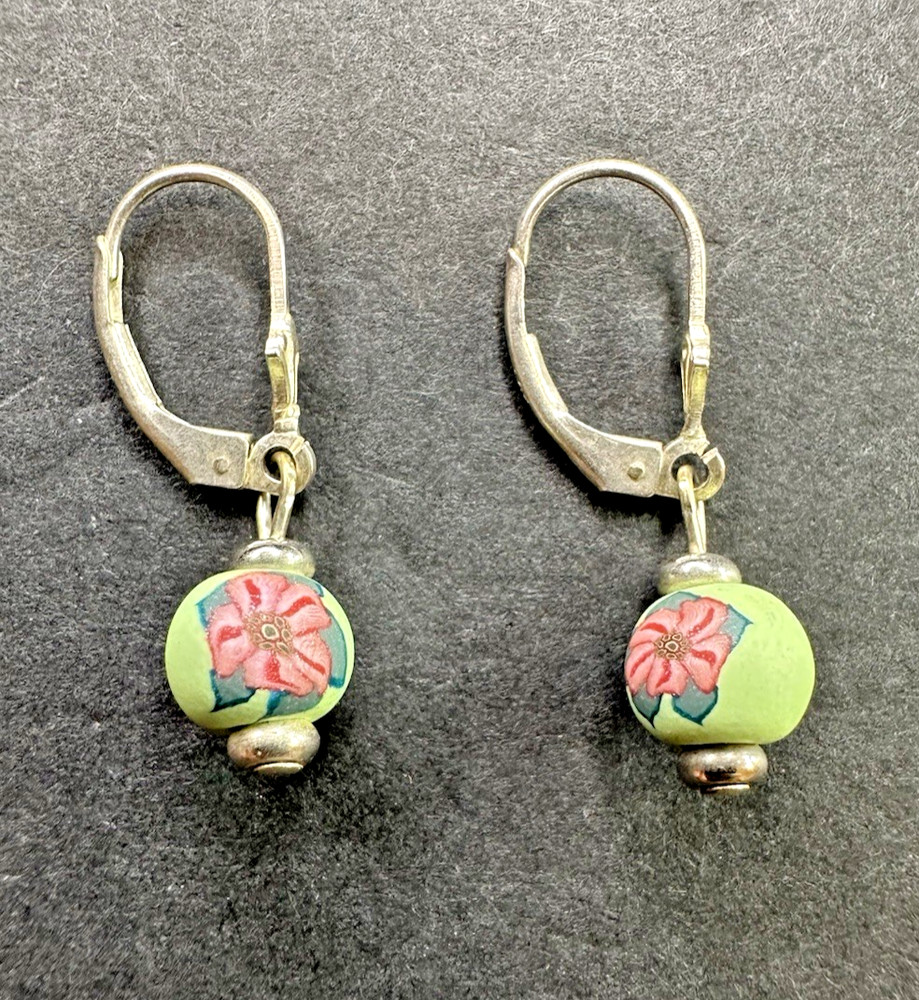 925 Sterling Silver Earrings with Green Beads with Pink Flowers