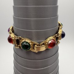 Vintage Rainbow Lucite Cabochon Gold Tone Link Bracelet Brutalist Modernist 7.5″