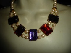 FAUX PEARLS W 5 LARGE MULTI COLORED RECTANGLE RHINESTONES BIB NECKLACE #23/2