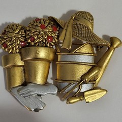 Vtg Danecraft Brooch Pin Gardening Tools Gardner Flower Pots Watering Can Estate