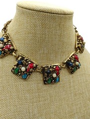 14″ Selro Selini Gold Tone Multi Color Cabochon Choker Necklace Unsigned