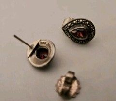 Vintage Sterling 925 & Pear Shape Garnet & Marcasite Post Earrings Thailand