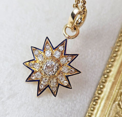 Antique Victorian GIA 19K Gold 1.21ctw Old Mine Diamond Blue Enamel Star Pendant