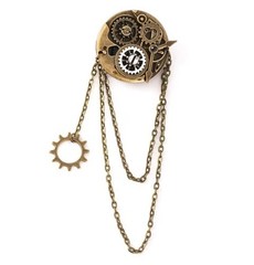 Steampunk Gear Vintage-Style Brooch with Gold Chains Unisex Bronze NEW