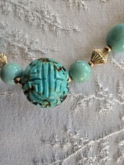 Chinese Turquoise Shou Carved Bead Earrings & Necklace 21” Gold Plated Clasp