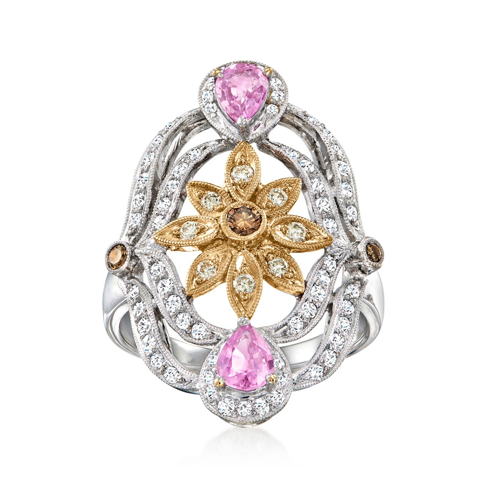 Vint Multi Diamond & Pnk Sapphire Floral Rng in 18k Gold Size 7