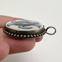 Vintage Blue Flower Ceramic Pottery Tile Round Silvertone Framed Pendant