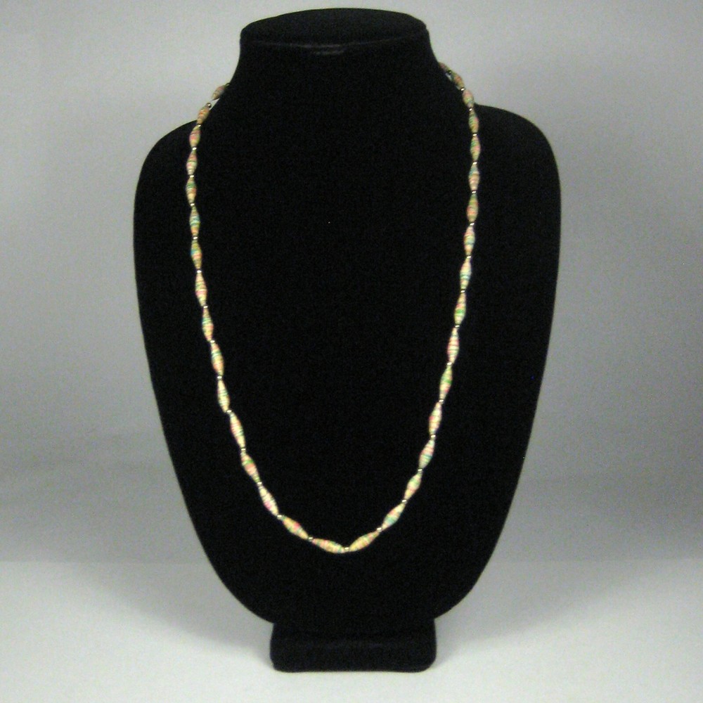 Necklace 29 in Jewelry Paper Bead VTG Strand String Wrap Pink Green Silvertone