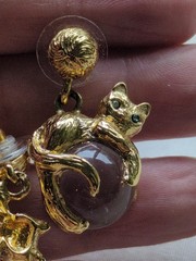 Vintage Cat Pool Of Light Gold Plate Earrings, Crystal Eyes