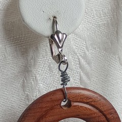 Vintage Dangle Drop Earrings Faux WOOD hoops donuts 70s lever back