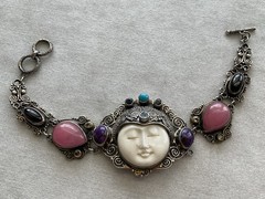 Vintage 925 Sterling Silver Multi Gemstone Goddess Toggle Bracelet Estate Jewelr