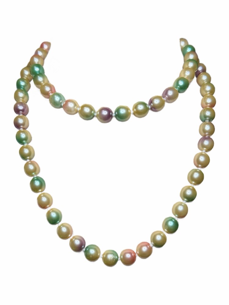 Vintage Monet Faux Pearl Gold Tone Closure Necklace Signed 33 In Mardi Gras