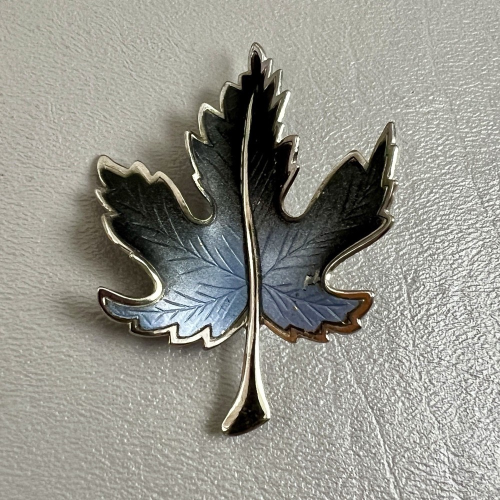 Vintage Silver Tone Blue Autumn Leaf 2.5″ Brooch Fall