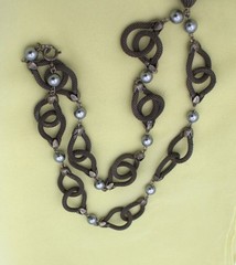 Gun Metal Link Woven Chain Link Gray Faux Pearl Fringe Long Pendant Necklace