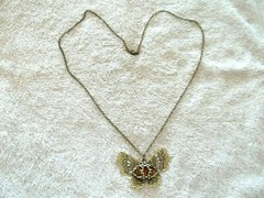 Butterfly Pendant, Gold Tone Metal, Amber Glass Stone Body, Very Detailed