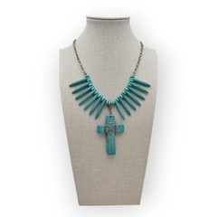Turquoise Spike Bead & Cross Pendant Necklace – Southwestern Boho Chic Statement