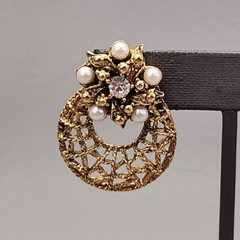 Vintage Hoop Earrings Wire Openwork Faux Pearls 1 3/8″