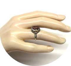 Bright Rosy-Red TOURMALINE Ring – Art Deco – 14k Solid White Gold Filigree Mtg