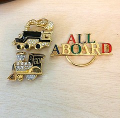 Vintage NOS Train Brooch 3pc Lot – Enamel Locomotive Engines All Aboard Pins Set