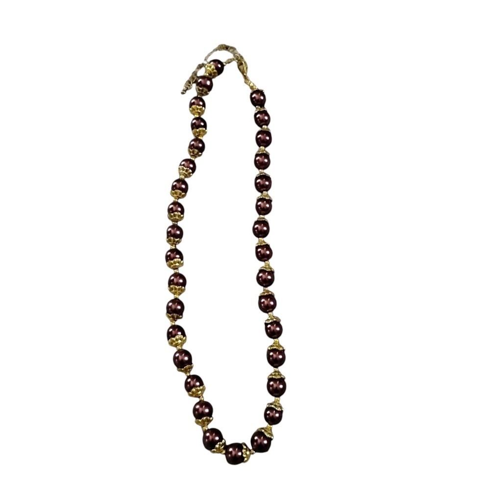 Vintage Burgundy Faux Pearl Beaded Necklace Gold Tone Spacer Beads Lobster Clasp
