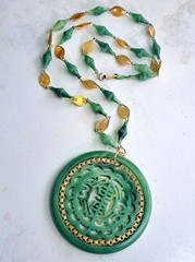 Rare Vintage Large Faux Jade LUCITE Medallion Pendant Necklace Carved—Hong Kong