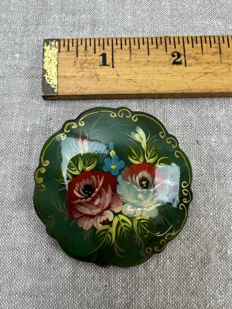 Vtg Russian Handpainted Pin Brooch Floral Green Lacquer Flowers Multicolor
